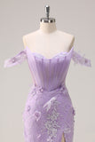 Lilac Mermaid Off the Shoulder Corset Appliqued Long Prom Dress with Slit