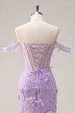 Lilac Mermaid Off the Shoulder Corset Appliqued Long Prom Dress with Slit