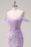Lilac Mermaid Off the Shoulder Corset Appliqued Long Prom Dress with Slit