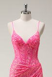 Sparkly Hot Pink Sequins Corset Mermaid Prom Dress with Slit