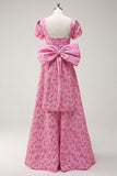 Fuchsia A-Line Square Neck Bow Floral Prom Dress with Slit