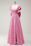 Fuchsia A-Line Square Neck Bow Floral Prom Dress with Slit