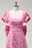 Fuchsia A-Line Square Neck Bow Floral Prom Dress with Slit