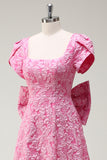 Fuchsia A-Line Square Neck Bow Floral Prom Dress with Slit