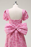 Fuchsia A-Line Square Neck Bow Floral Prom Dress with Slit