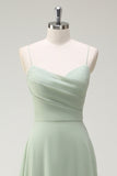 Dusty Sage A-Line Spaghetti Straps Chiffon Pleated Long Bridesmaid Dress