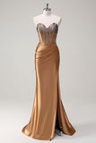 Brown Mermaid Sweetheart Beaded Satin Prom Dress with Slit