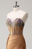 Brown Mermaid Sweetheart Beaded Satin Prom Dress with Slit