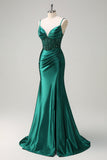 Dark Green Mermaid Corset Beaded Prom Dress with Slit
