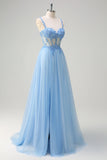 Glitter Blue A-Line Sheer Corset Lace Up Back Sequins Prom Dress with Slit