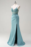 Sparkly Blue Mermaid Corset Long Prom Dress with Slit