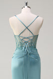 Sparkly Blue Mermaid Corset Long Prom Dress with Slit