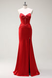 Red Mermaid Sweetheart Corset Long Prom Dress with Slit
