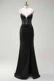 Mermaid Spaghetti Straps Corset Long Black Prom Dress With Slit