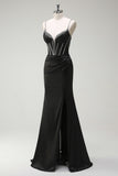 Mermaid Spaghetti Straps Corset Long Black Prom Dress With Slit