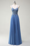 Grey Blue A Line Spaghetti Straps Pleated Long Prom Dress with Appliques