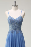 Grey Blue A Line Spaghetti Straps Pleated Long Prom Dress with Appliques