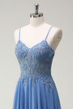 Grey Blue A Line Spaghetti Straps Pleated Long Prom Dress with Appliques