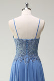 Grey Blue A Line Spaghetti Straps Pleated Long Prom Dress with Appliques