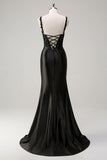 Sheath Ruched Corset Sequins Long Black Prom Dress with Slit