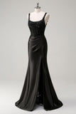 Sheath Ruched Corset Sequins Long Black Prom Dress with Slit