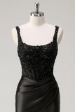 Sheath Ruched Corset Sequins Long Black Prom Dress with Slit