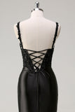 Sheath Ruched Corset Sequins Long Black Prom Dress with Slit