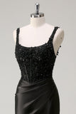 Sheath Ruched Corset Sequins Long Black Prom Dress with Slit