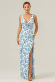 Green Large Floral Sheath V Neck Open Back Bridesmaid Dress with Ruffle Slit
