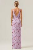 Green Large Floral Sheath V Neck Open Back Bridesmaid Dress with Ruffle Slit
