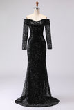 Black Sheath Off The Shoulder Sequin Formal Dress