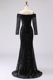 Black Sheath Off The Shoulder Sequin Formal Dress