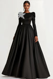 Black Satin Boat Neck Long Sleeve A-Line Formal Dress