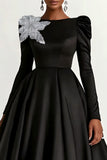 Black Satin Boat Neck Long Sleeve A-Line Formal Dress