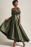 Off the Shoulder Ruched Olive Midi Mother of the Bride Dress