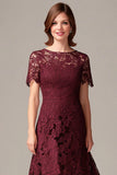Burgundy Lace High-Low Mum of the Bride Dress with Short Sleeves