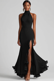 Halter Neck Ruffles Mermaid Black Maxi Formal Dress with Slit