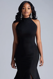 Black Ruffles Mermaid Halter Neck Long Formal Dress with Slit