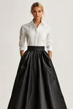 Full Length Black Satin A Line Formal Skirt Dress with Pockets