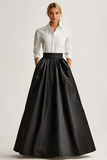 Full Length Black Satin A Line Formal Skirt Dress with Pockets