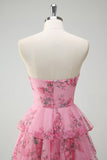 A Line Blush Floral Printed Princess Sweetheart Tiered Long Prom Dress