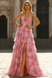 A Line Blush Floral Printed Princess Sweetheart Tiered Long Prom Dress