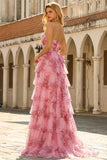 A Line Blush Floral Printed Princess Sweetheart Tiered Long Prom Dress