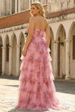 A Line Blush Floral Sweetheart Tiered Ruffle Plus Size Long Prom Dress with Slit