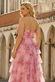 A Line Blush Floral Sweetheart Tiered Ruffle Plus Size Long Prom Dress with Slit