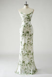 Green Flower Sheath Cowl Neck Print Open Back Long Bridesmaid Dress with Slit