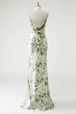 Green Flower Sheath Cowl Neck Print Open Back Long Bridesmaid Dress with Slit