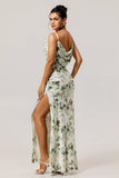 Green Flower Sheath Cowl Neck Print Open Back Long Bridesmaid Dress with Slit