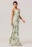 Green Flower Sheath Cowl Neck Print Open Back Long Bridesmaid Dress with Slit