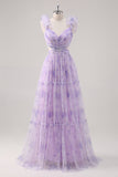 Lavender A-Line Pleated Cut-Out Print Tulle Long Bridesmaid Dress